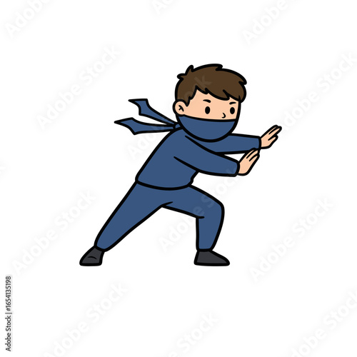 Cute cartoon ninja boy in a blue suit and mask in a defensive martial arts pose.