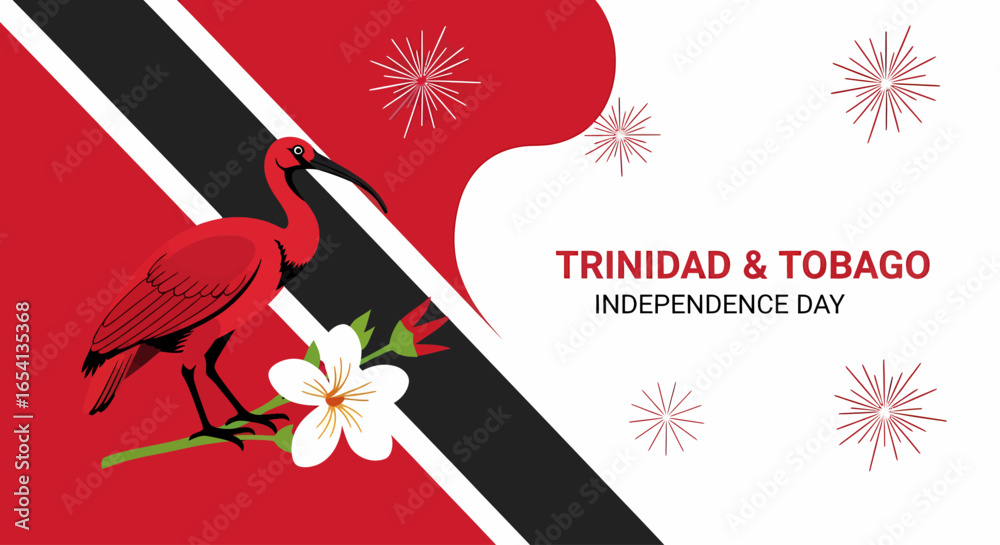 Obraz premium Trinidad & Tobago Independence Day illustration featuring a scarlet ibis, national flag colors, and celebratory fireworks design.