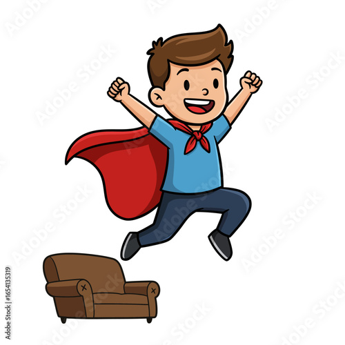 Energetic cartoon boy with a red superhero cape and neckerchief jumping in a triumphant pose.