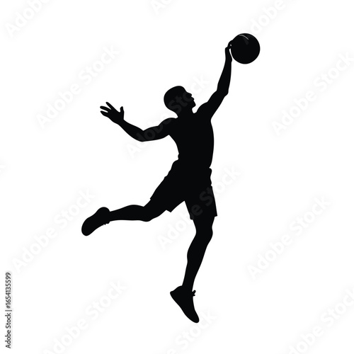 Silhouette of basketball player making jump shot vector art with white background athletic motion illustration
