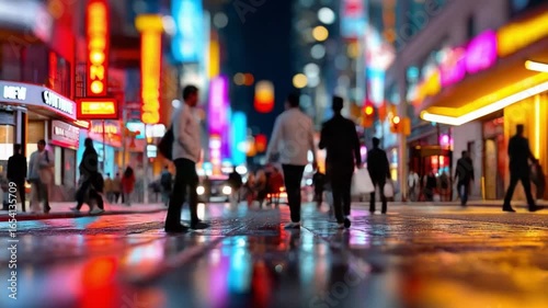 Wallpaper Mural Urban Echoes: A mesmerizing blurred perspective showcases city life, illuminating a vibrant night scene with anonymous figures strolling along a neon-lit street.  Torontodigital.ca