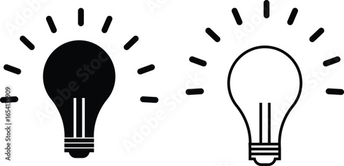 Light bulb idea icon set, creativity and innovation symbol collection group in flat black solid and line outline style vector illustration for business and education isolated on transparent background