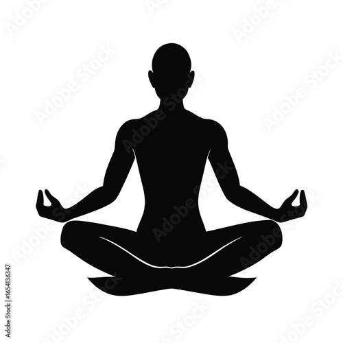 Silhouette of a man meditating in lotus pose in calm serene environment with white background