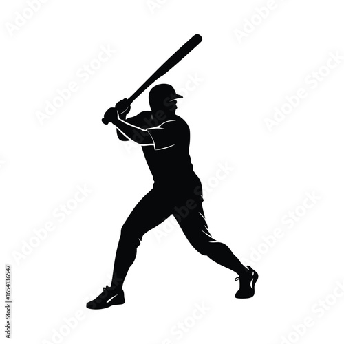 Silhouette of a man hitting baseball bat during game action with white background