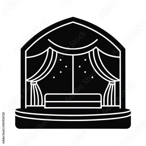 Vector art of black and silhouette icon of a theater stage with curtains and a platform, isolated a