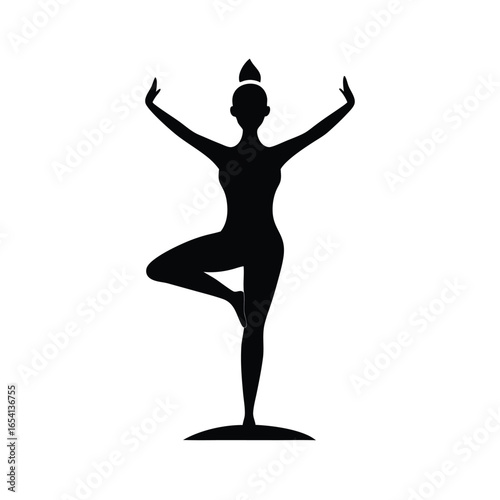 Silhouette of a woman doing yoga tree pose demonstrating balance with white background