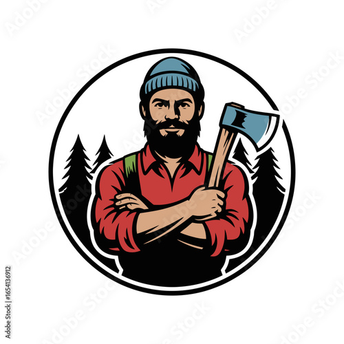 Lumberjack Character with Axe in Forest Circle Logo