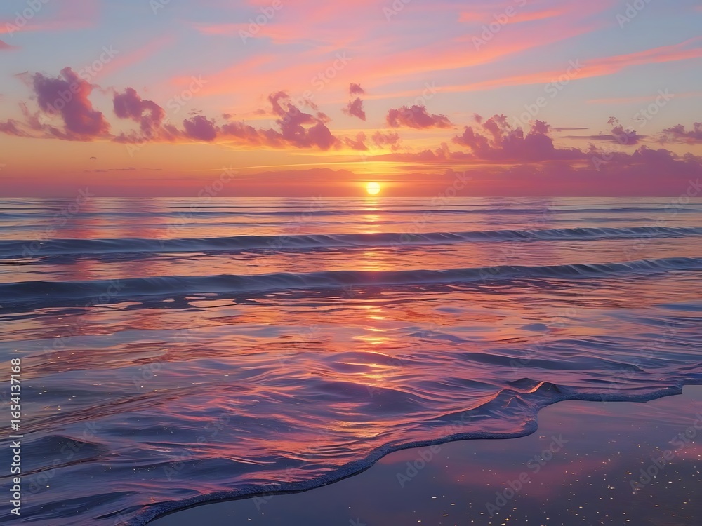 Fototapeta premium Vibrant sunset over the ocean with reflective waves
