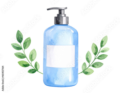 Mockup, bottle of cosmetic product. Blue bottle with pump and white label, green leaves. Isolated on transparent background