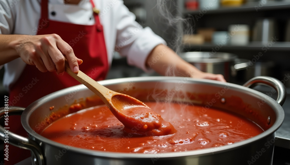 Fototapeta premium Chef stirring large pot of tomato sauce in professional kitchen with copy space for culinary arts