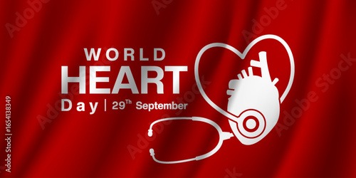 29th September is World Heart Day. Great for posters, banners and social media. Red background.
