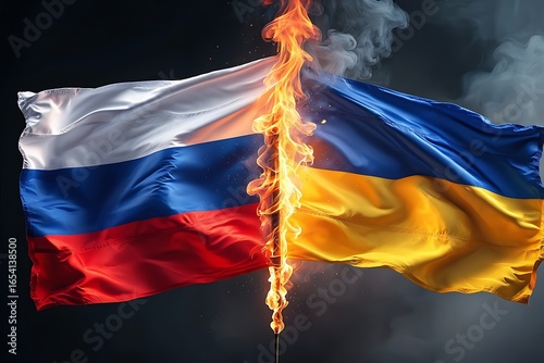 Russian and ukrainian flags burning in flames, symbolizing conflict
