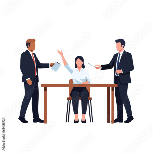 A businesswoman seated at a desk feeling pressured by two men in suits offering her documents and contracts.