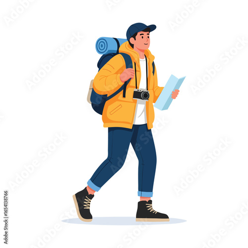 Young male traveler in a yellow jacket and cap walking with a backpack camera and map.