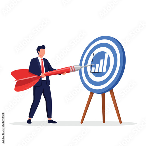 Businessman aiming a large red dart at a blue target with a financial growth chart symbol.