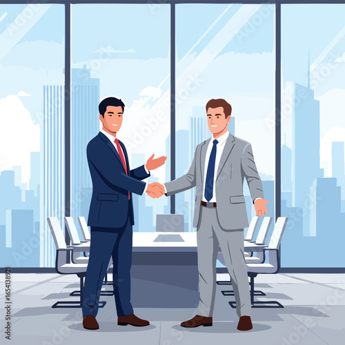Illustrated businessmen in blue and grey suits finalizing a deal with a firm handshake.