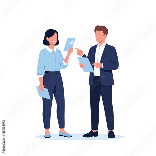 Professional man and woman in business attire discussing documents Flat vector illustration of colleagues collaborating and pointing at paperwork.
