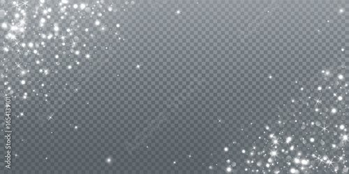 White glitter corner frame with glowing snow particles and frosty sparkles. Winter overlay for Christmas, New Year and festive celebration design. Remove transparent background in vector file.