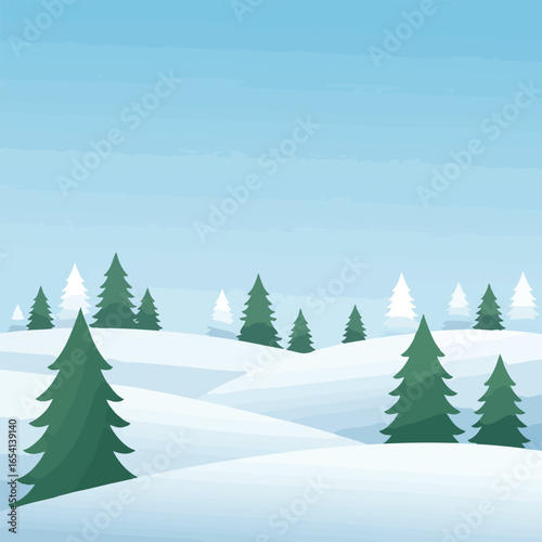 Flat vector illustration of a serene winter landscape with snowy hills and green pine trees under a clear blue sky.