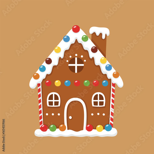Festive gingerbread house illustration decorated with white icing snow and colorful candy gumdrops.
