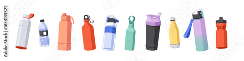 Gym bottles set for water hydration. Reusable plastic and metal shakers, flasks with lid. Fitness and sport accessory, drink for training. Flat vector illustration isolated on white background