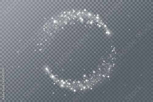 White glitter circle frame. Sparkling lights, glow and magic dust. Snowy light effect for Christmas, party posters, winter banners, photo overlays. Remove transparent background in vector file.