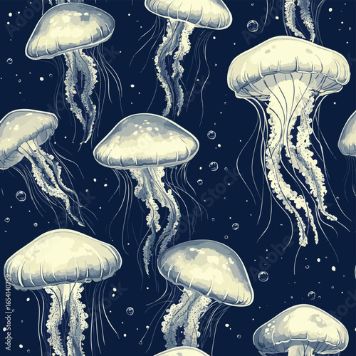 Vector seamless pattern with jellyfish, vector style simple color