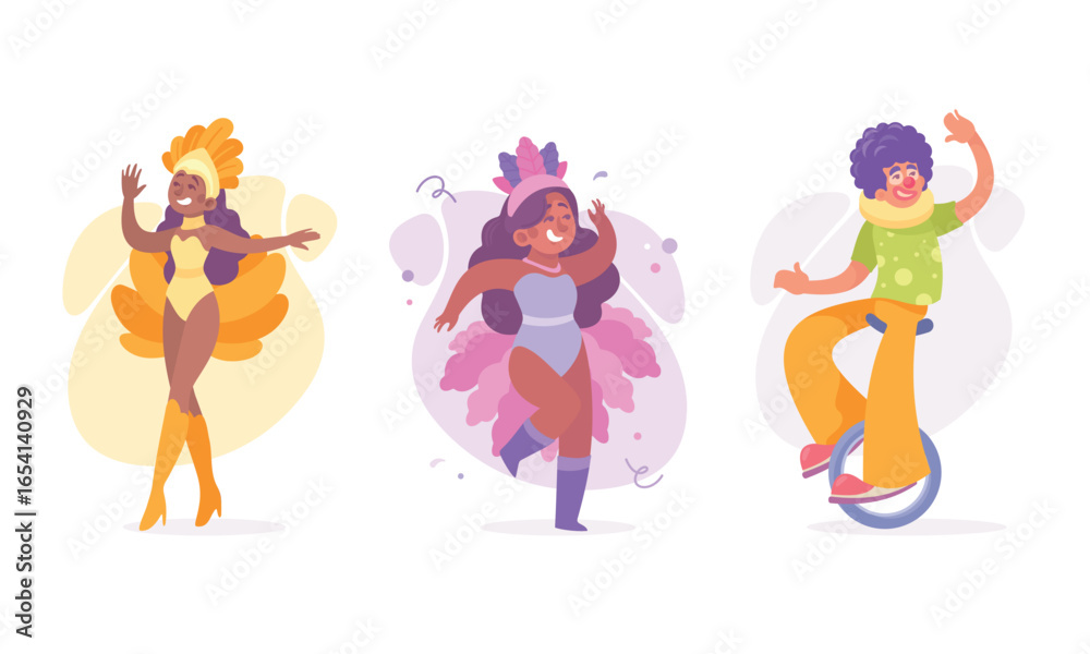 Fototapeta premium Vibrant Performance Characters Gleaming in Colorful Dance Costumes with Enthusiasm
