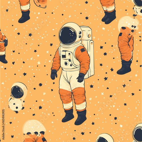 Astronauts in orange and white suit vector pattern, vector style simple color