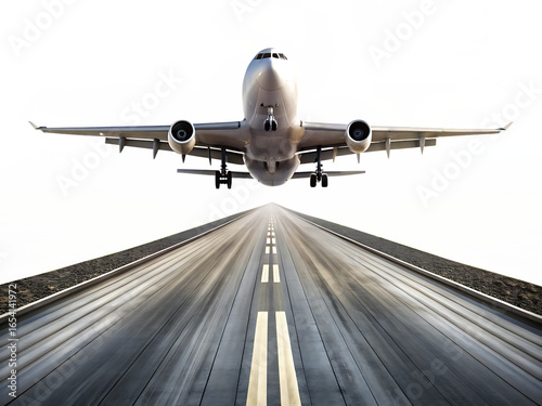  Long runway with a large airplane taking off
isolated on white background
 ,PNG.AI Generated.