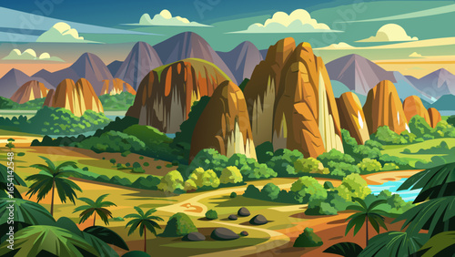 Limestone outcrops named Mogotes rise proudly at Viñales Valley, near the western end of the island of Cuba, forming a beautiful karst landscape encircled by majestic surrounding mountains.