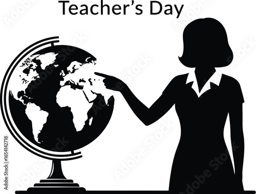 Teacher's Day celebration with a silhouette of a teacher pointing at the globe, vector illustration for educational purposes