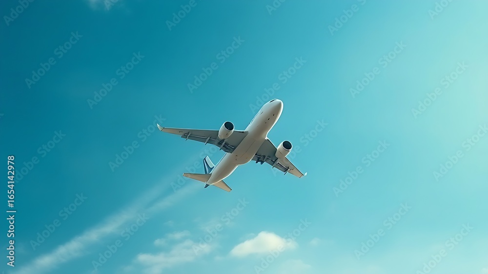 Obraz premium Airplane climbing into a clear blue sky, leaving white contrails against a backdrop of soft clouds.