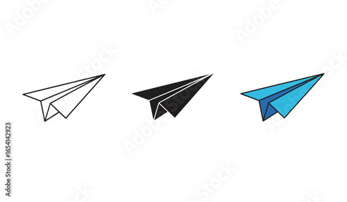 Paper Airplane Icons in Black and White and Blue Representing Travel Childhood and Simple Designs on a Clean White Background