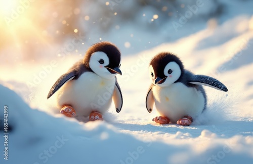 Two adorable baby penguins slide on snow, racing playfully in winter wonderland. Energetic movement across icy terrain creates sense of fun, sibling rivalry. Heartwarming scene captures moment of