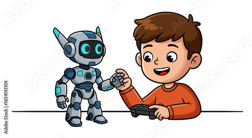 A boy with brown hair holds a game controller and clasps hands with a robot