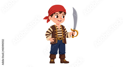 A cartoon boy dressed as a pirate holds a sword