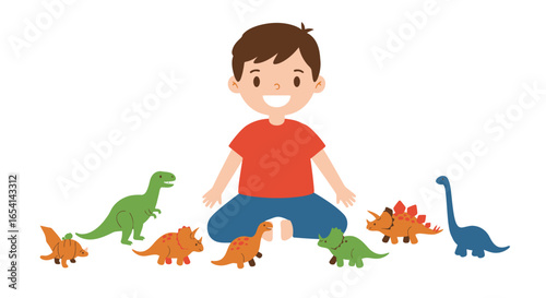 A child sits surrounded by cartoon dinosaurs of various colors and species