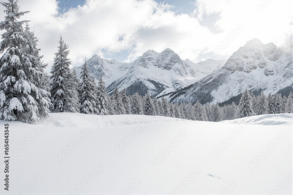 Snow-covered landscape with evergreen trees and majestic mountains under a cloudy sky Snow-covered landscape with evergreen trees and majestic mountains under a cloudy sky