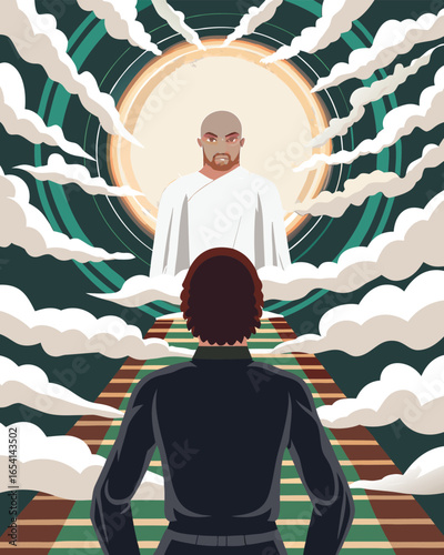 Man looking at the sky with clouds, vector illustration in flat style