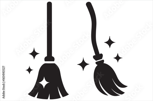 Set of black Halloween silhouettes. Collection of Halloween themed items in black bold graphic style with witches, pumpkins, scary characters. Vector illustration isolated on white background.