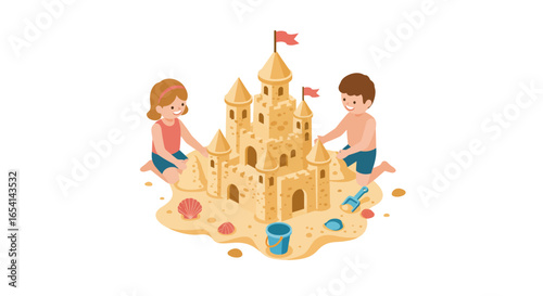 A sandcastle with kids building it surrounded by shells a bucket and a shovel