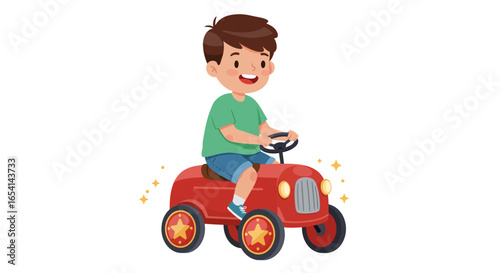 Boy in red toy car smiling with brown hair wearing a green shirt and blue shorts against a white background