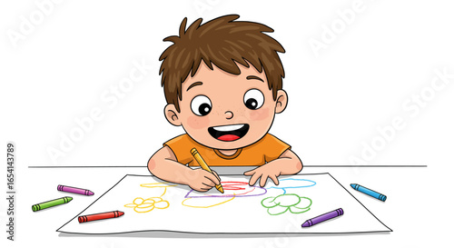 Boy with brown hair happily coloring on paper with crayons