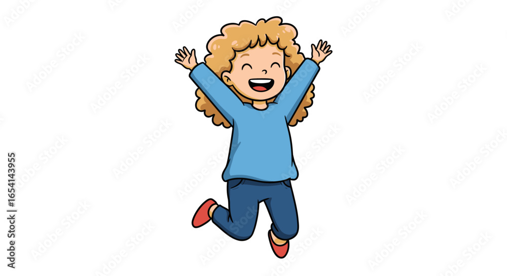Obraz premium Cartoon of child with curly hair in blue shirt jeans jumping up with arms raised against a white background