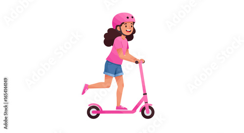 Girl on pink scooter wearing helmet and shorts