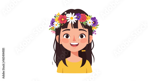 Girl with flower crown yellow shirt brown hair smiles