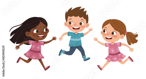 Three smiling cartoon children are running