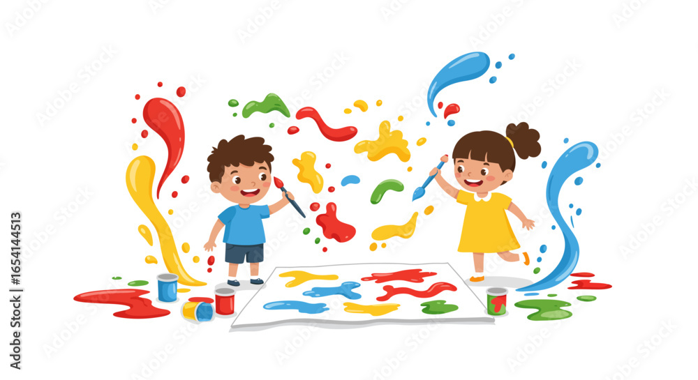 Two kids surrounded by splashes of paint collaborate on a large painting spread on the floor Two kids surrounded by splashes of paint collaborate on a large painting spread on the floor