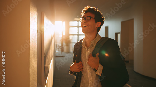 Joyful professional in a brightly lit hallway, showcasing a positive and confident demeanor with a backpack and wearing glasses